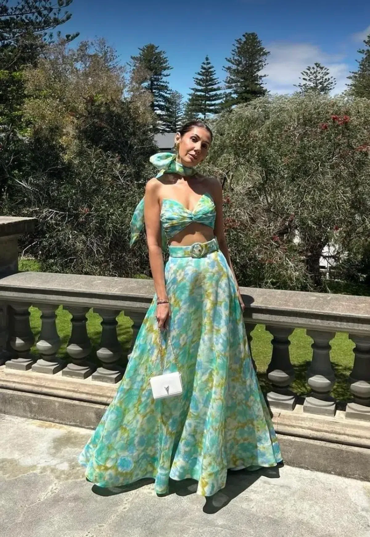 Zimmermann High Tide Twist Crop Bodice & Maxi Skirt Set Aqua Ikat Floral Size 0P/ AU 6 - Image 1