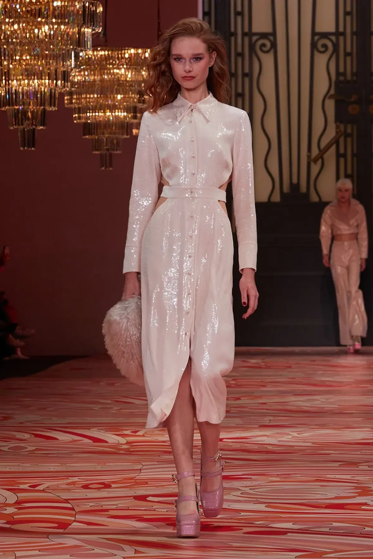 Alice McCall Night Sky Trench Dress Blush Pink Sequin Midi Dress Size 8 for rent on The Volte - main image