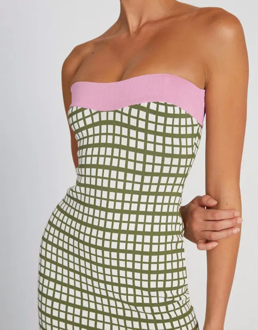 By Johnny Isabella Check Strapless Knit Dress Army Pink Size 6 for rent on The Volte - main image