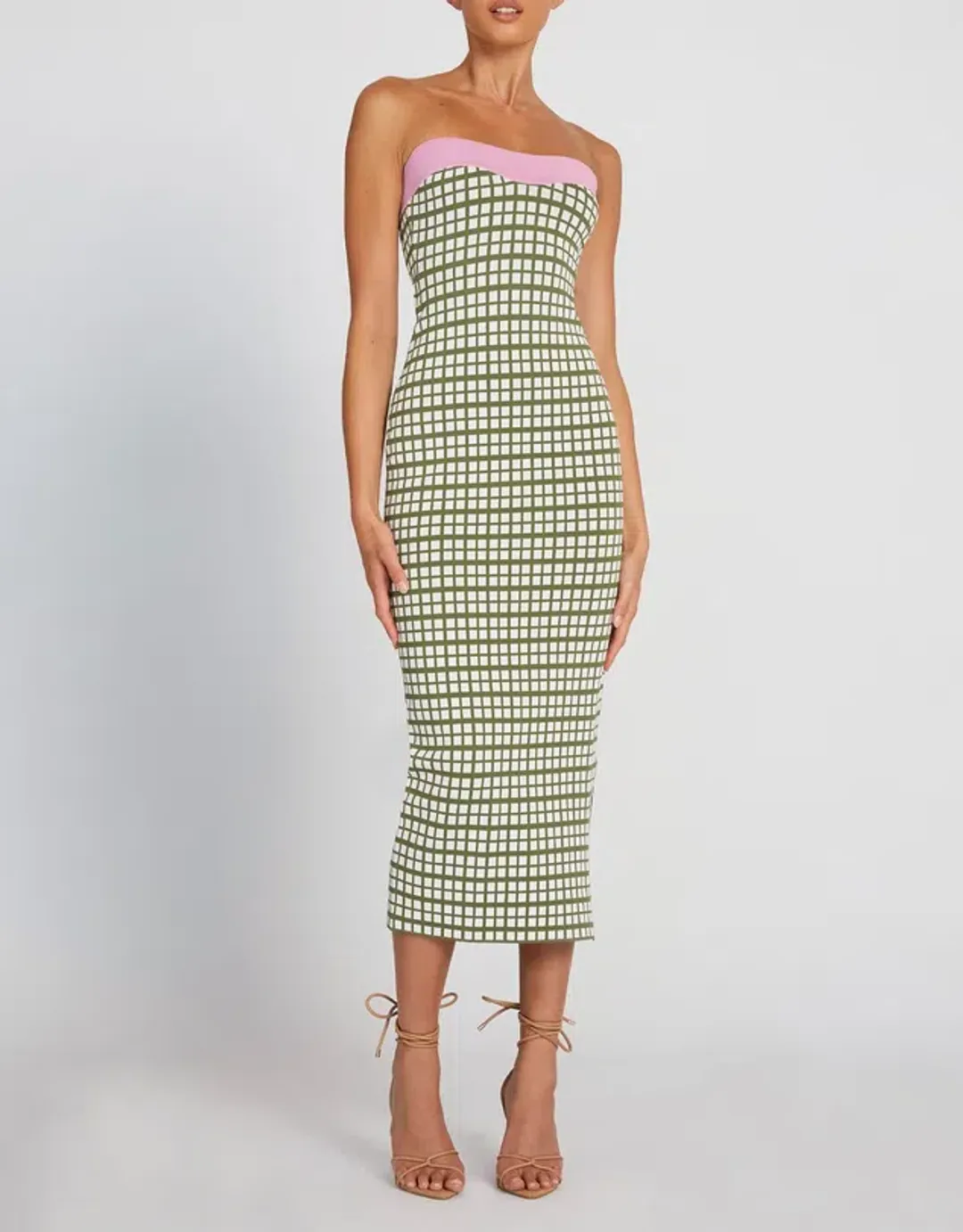 By Johnny Isabella Check Strapless Knit Dress Army Pink Size 6 for rent on The Volte - main image