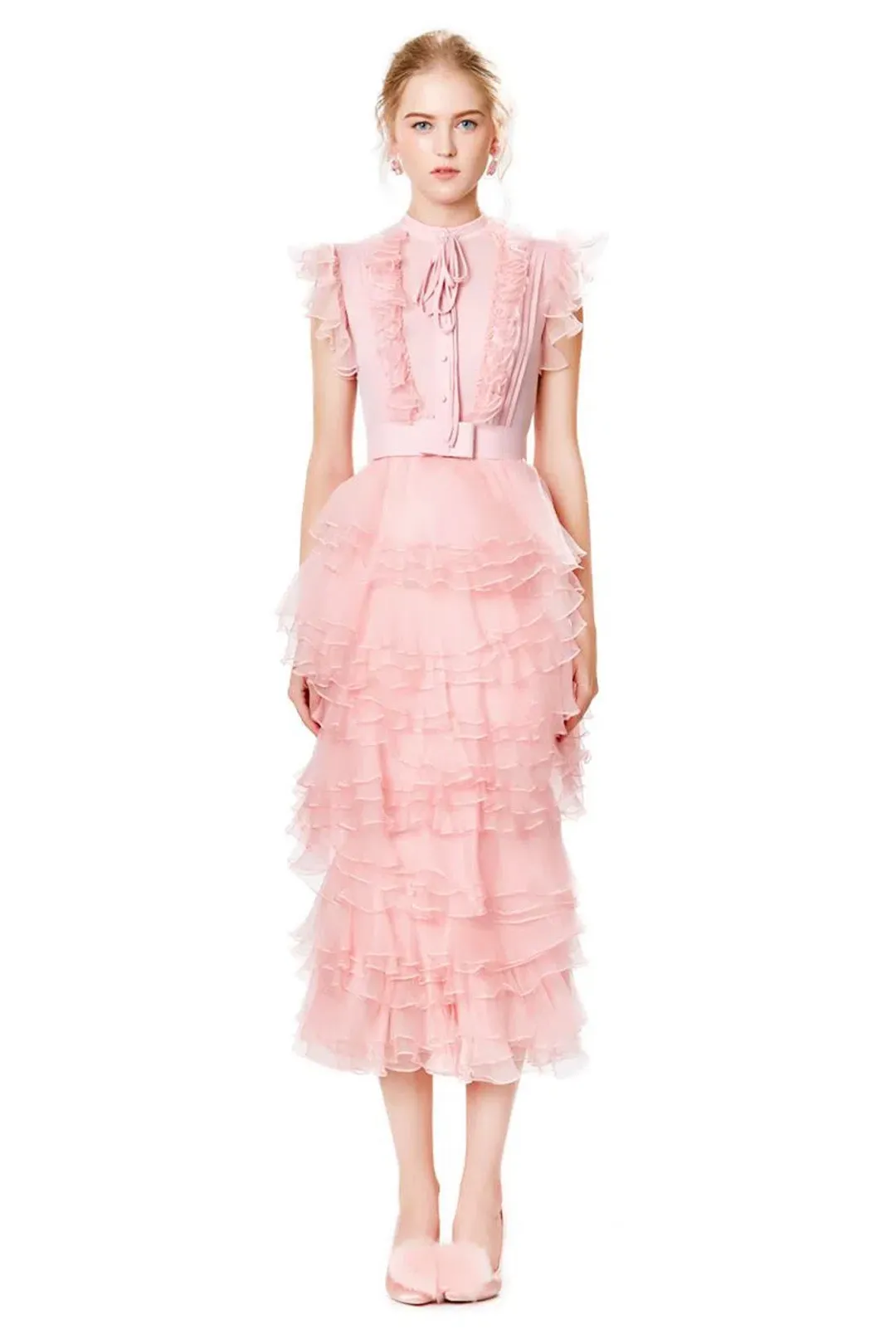Ivan Young Silk Ruffles Tiered Midi Dress Pink Size 8 for rent on The Volte - main image