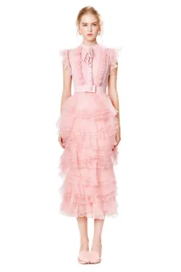 Ivan Young Silk Ruffles Tiered Midi Dress Pink Size 8 for rent on The Volte - image 1