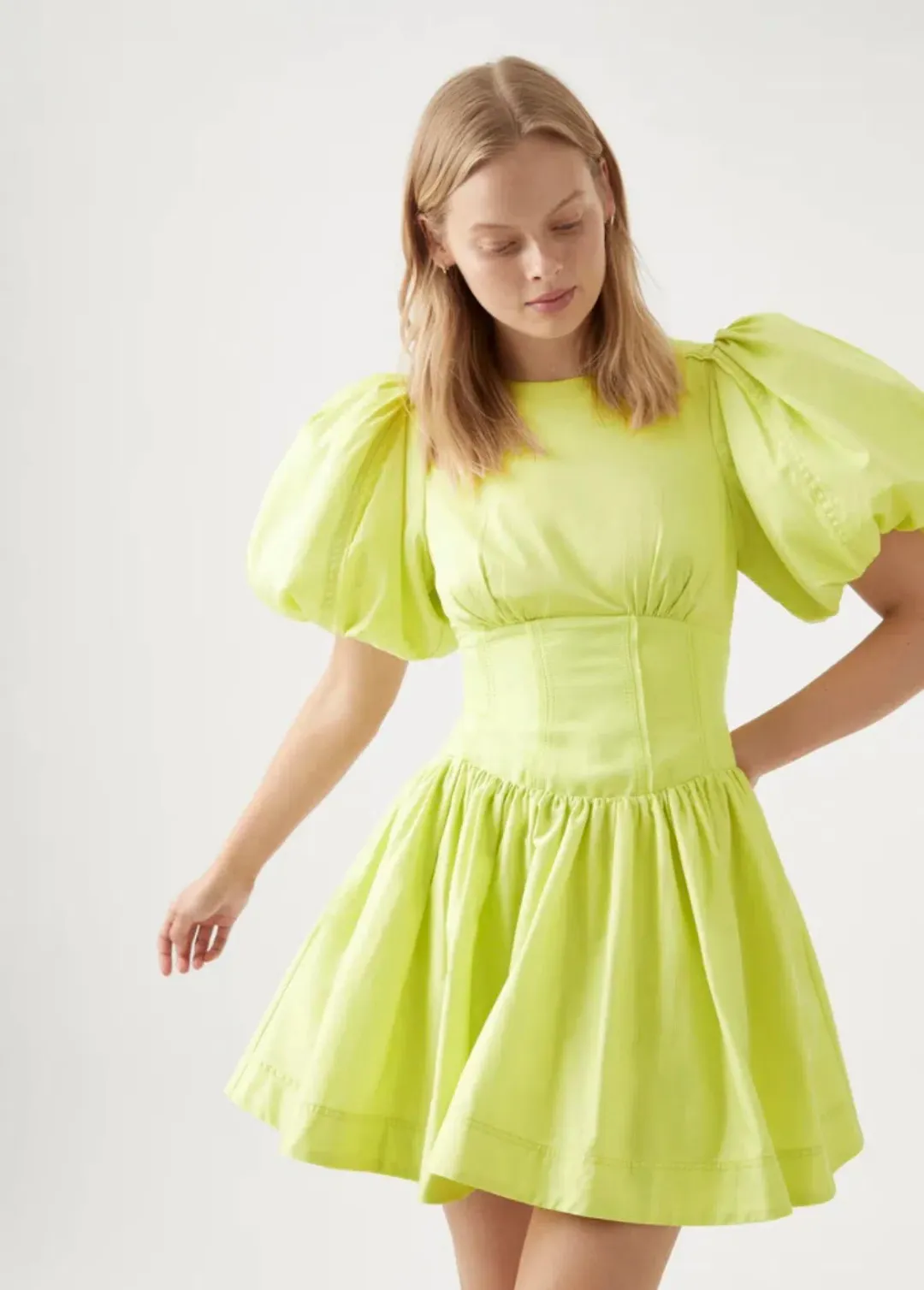 Aje Gianna Puff Sleeve Mini Dress Lime Green Size 10 / M for rent on The Volte - main image