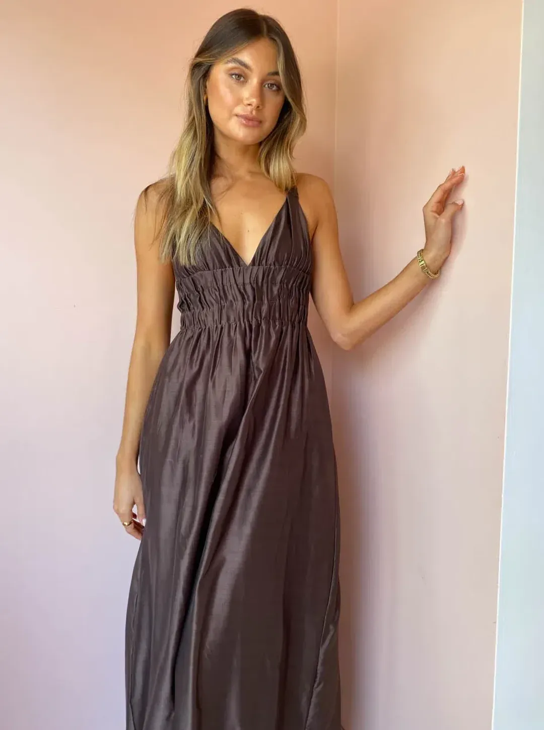 Sir the Label Anje V neck gown chocolate size 0 for rent on The Volte - main image