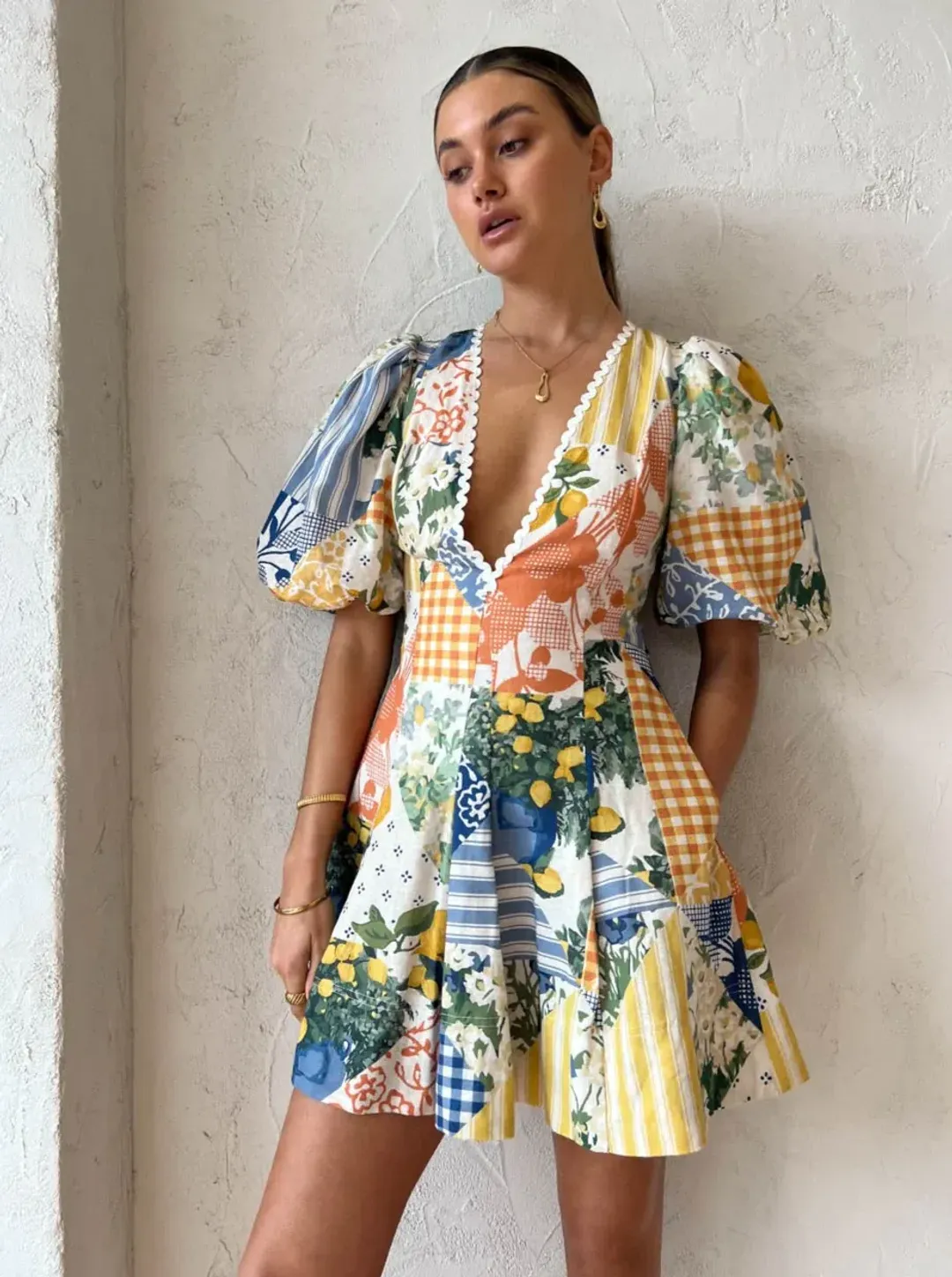 By Nicola Wavy Mini Dress Lemon Patchwork Size 6 for rent on The Volte - main image