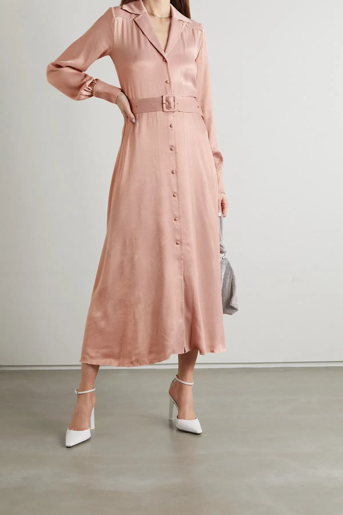 Rotate by Birger Christensen Jojo Belted Satin Shirt Dress Blush Size 8 for rent on The Volte - main image