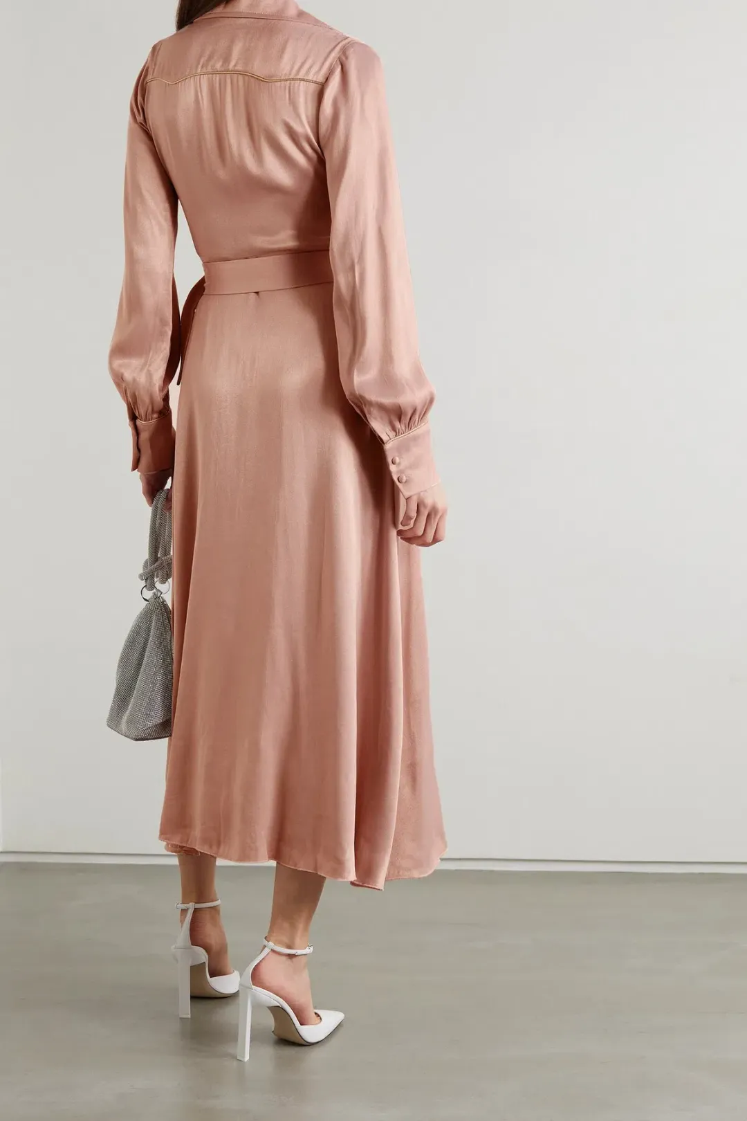 Rotate by Birger Christensen Jojo Belted Satin Shirt Dress Blush Size 8 for rent on The Volte - main image