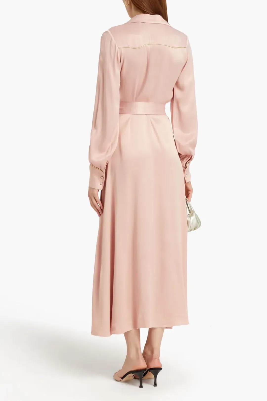 Rotate by Birger Christensen Jojo Belted Satin Shirt Dress Blush Size 8 for rent on The Volte - main image