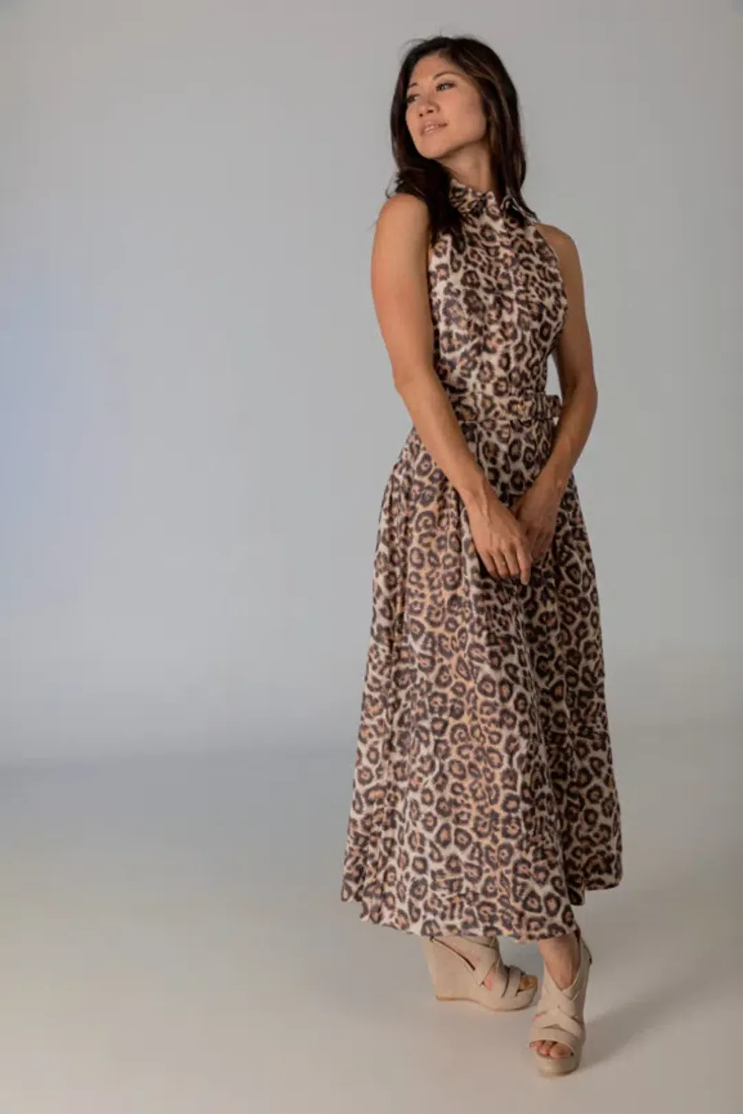 Zimmermann Bonita Belted Linen Halterneck Midi Dress Leopard Print Size 2 / Au 12 for rent on The Volte - main image