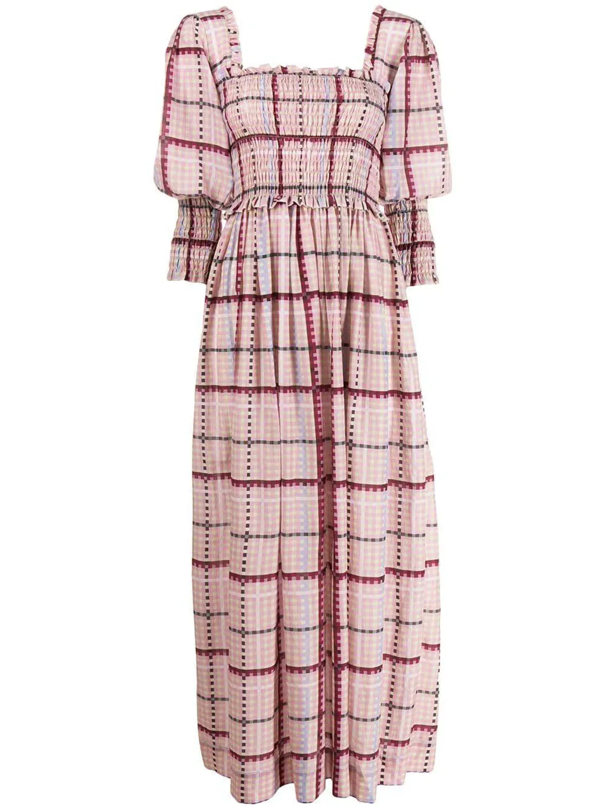 Ganni Ruched Seersucker Plaid Dress Pink Size 10 - Image 3