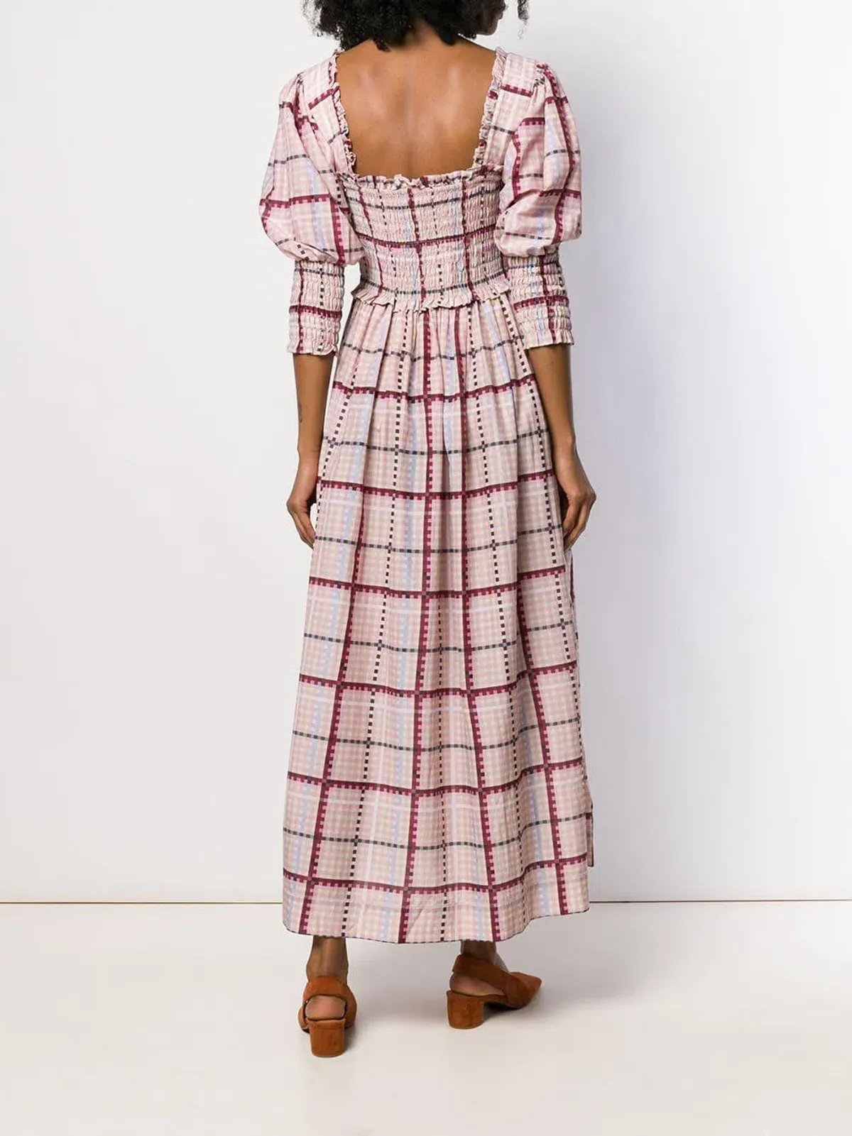 Ganni Ruched Seersucker Plaid Dress Pink Size 10 - Image 2