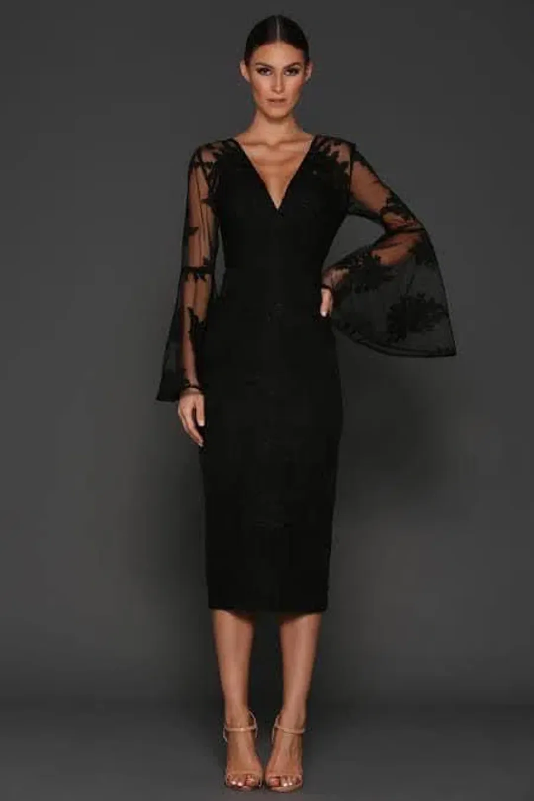 Elle Zeitoune Kassidy Bell Sleeve Midi Dress Black Size 8 for rent on The Volte - main image