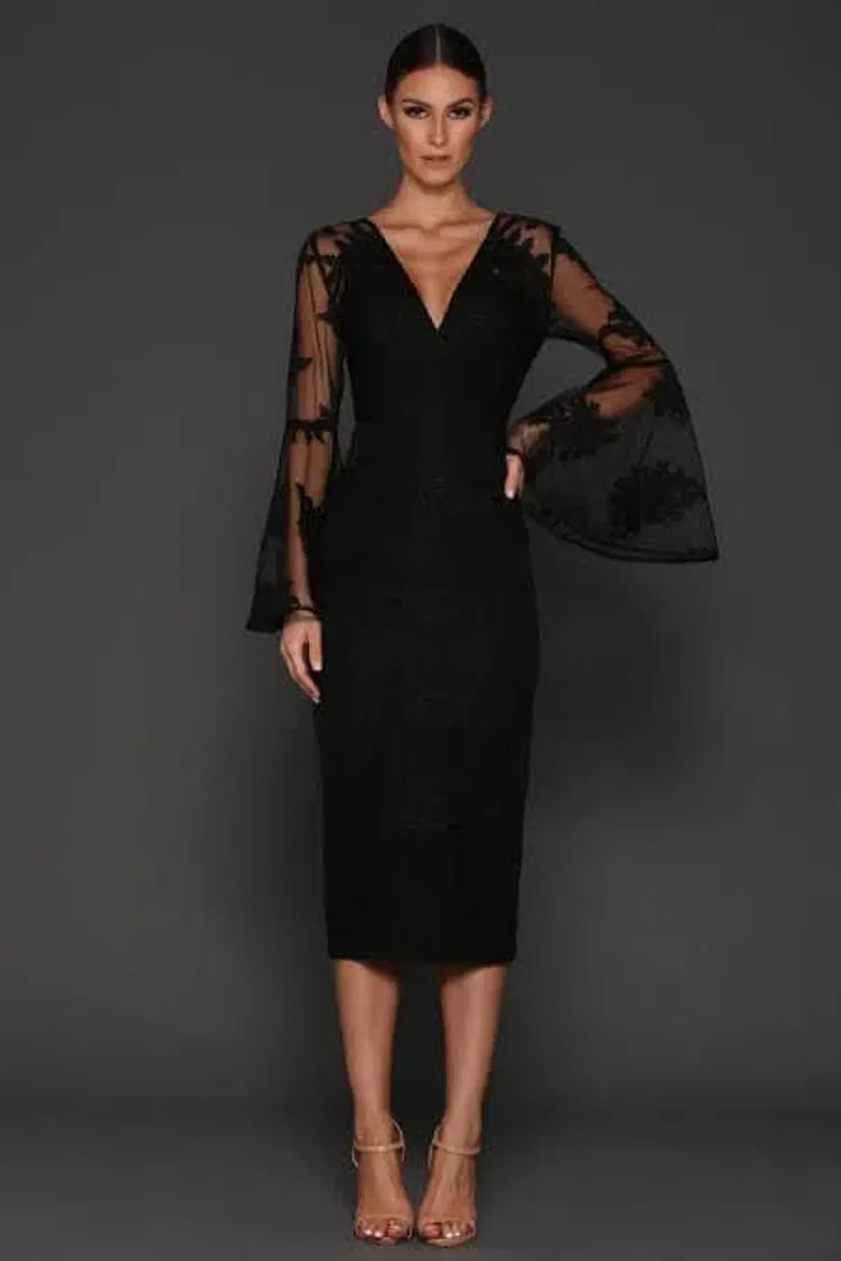 Elle Zeitoune Kassidy Bell Sleeve Midi Dress Black Size 8 for rent on The Volte - main image