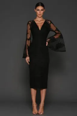 Elle Zeitoune Kassidy Bell Sleeve Midi Dress Black Size 8 for rent on The Volte - image 1
