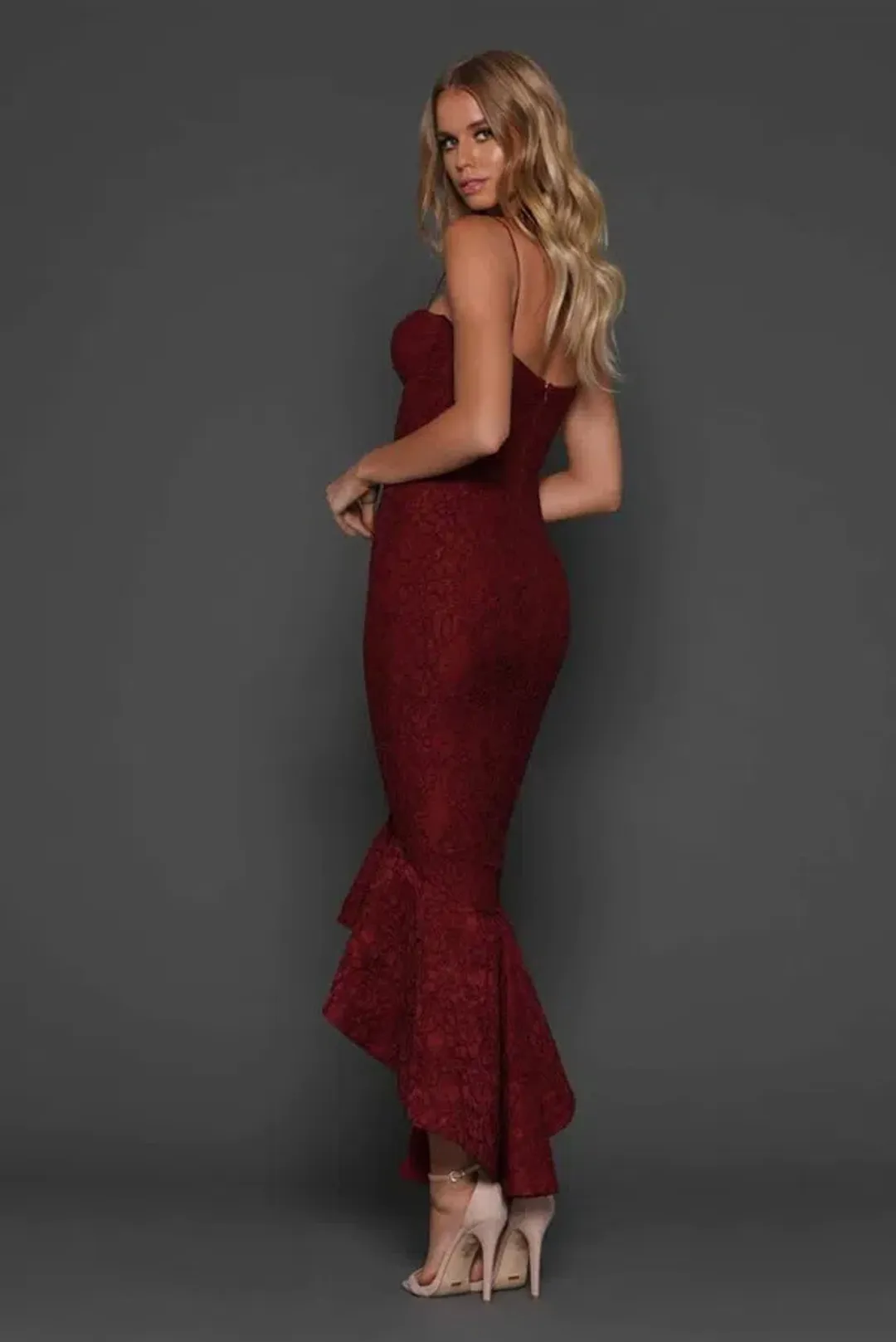 Elle Zeitoune Maxwell Fishtail Gown Wine Red Size 8 for rent on The Volte - main image