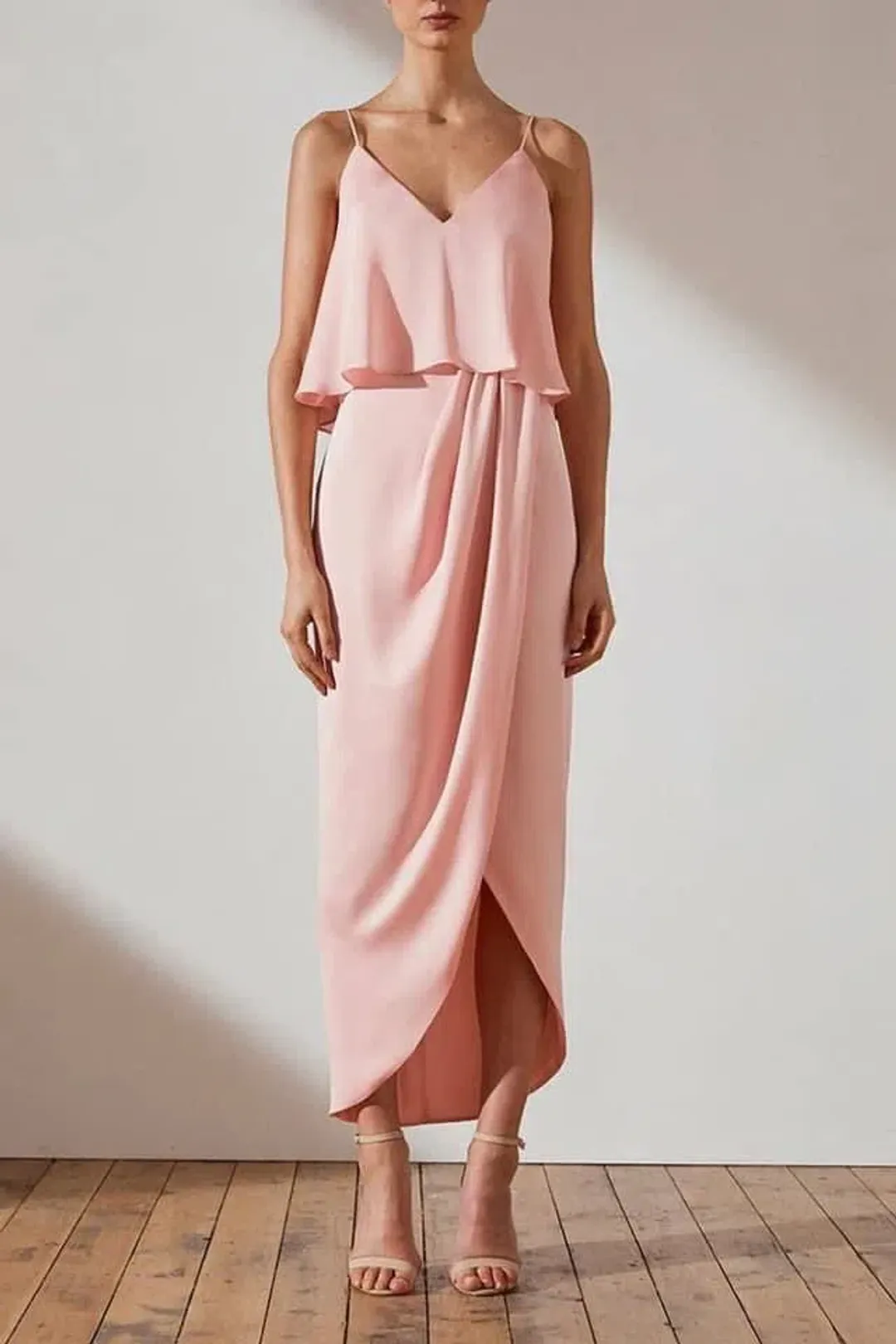 Shona Joy Luxe Cocktail Frill Midi Dress Blush Size 10 / M for rent on The Volte - main image