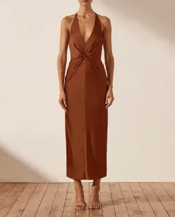 Shona Joy Luxe Twist Front Halter Midi Dress Brown Size AU 8 for rent on The Volte - image 1