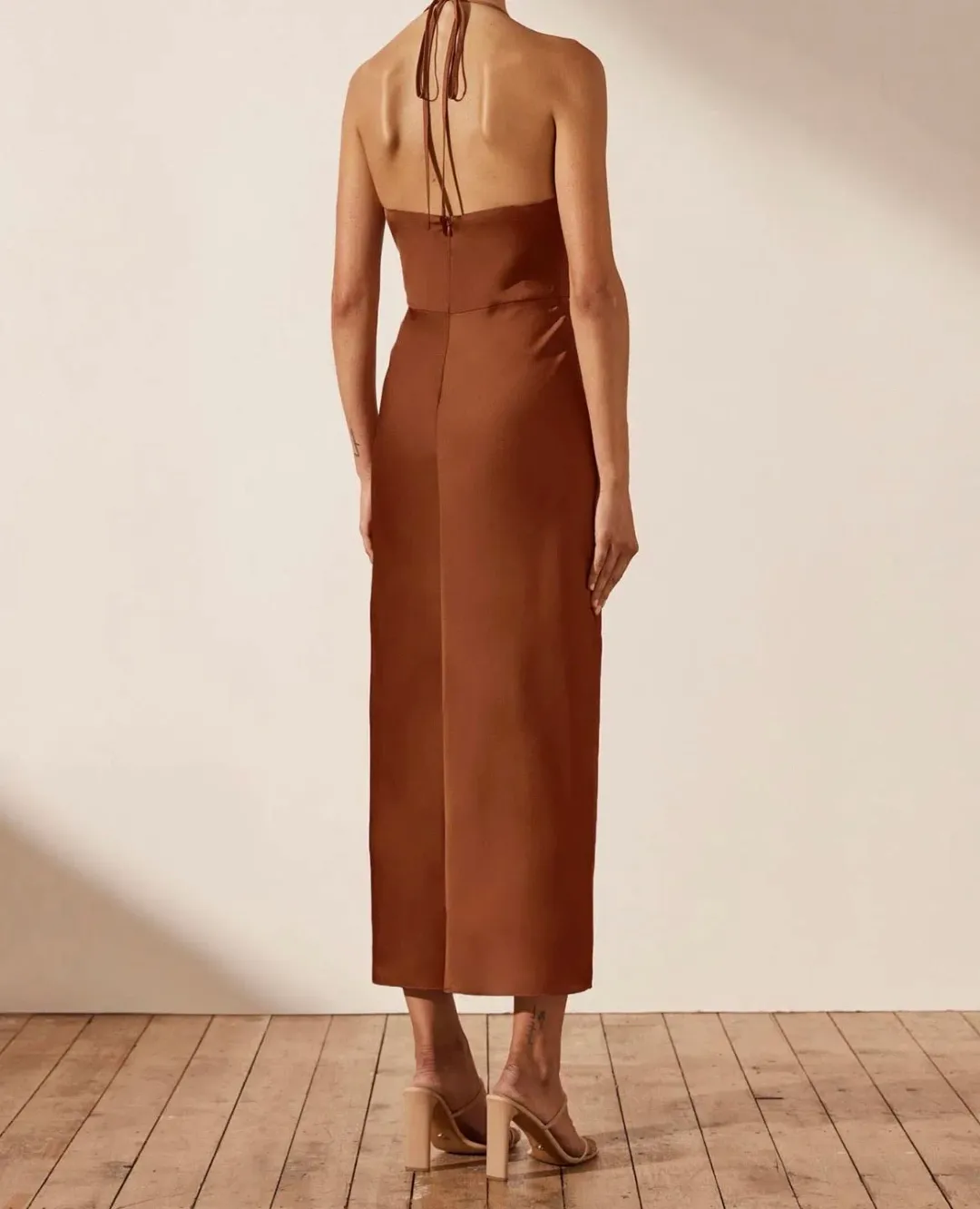 Shona Joy Luxe Twist Front Halter Midi Dress Brown Size AU 8 for rent on The Volte - main image