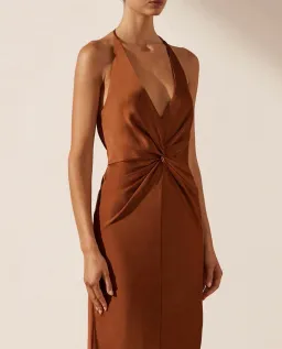 Shona Joy Luxe Twist Front Halter Midi Dress Brown Size AU 8 for rent on The Volte - image 2