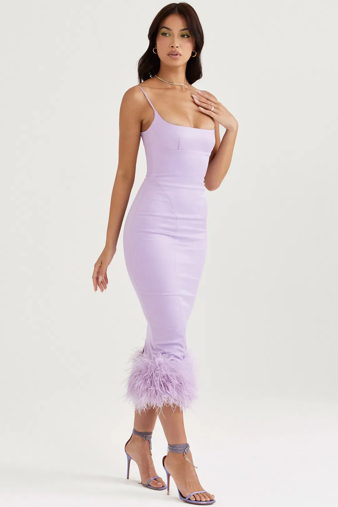 House of CB Helena Satin Feather Trim Midi Dress Purple Size M / Au 10 for rent on The Volte - main image