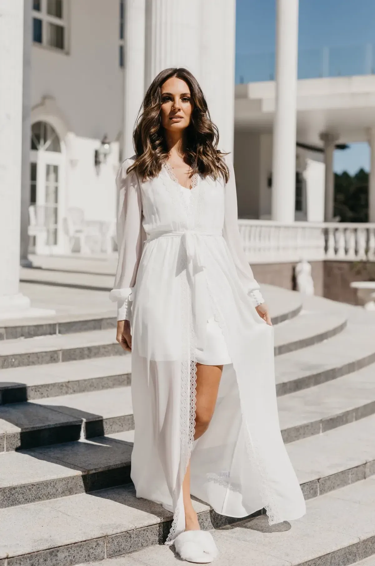 Le Rose Ruby Lace Trim Georgette Maxi Dress with Slip White Size XS/ AU 6 for rent on The Volte - main image