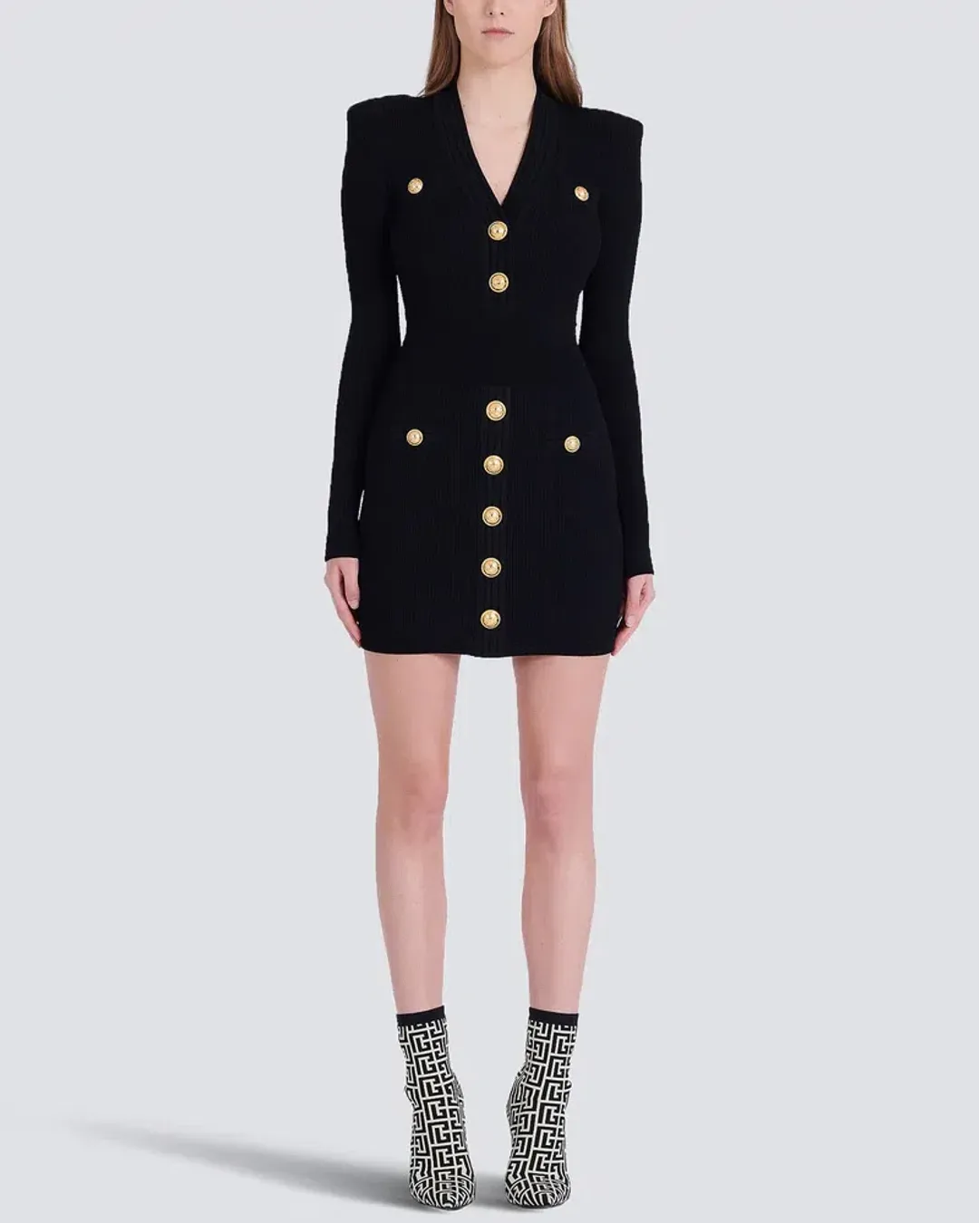 Balmain Long Sleeve V Neck Button Detail Knit Dress in Black Size 10 for rent on The Volte - main image