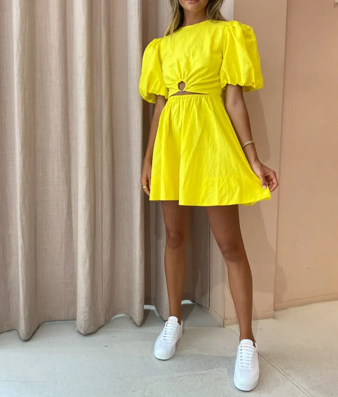 By Nicola Dahlia Ring Detail Mini Dress Yellow Size 10 for rent on The Volte - main image