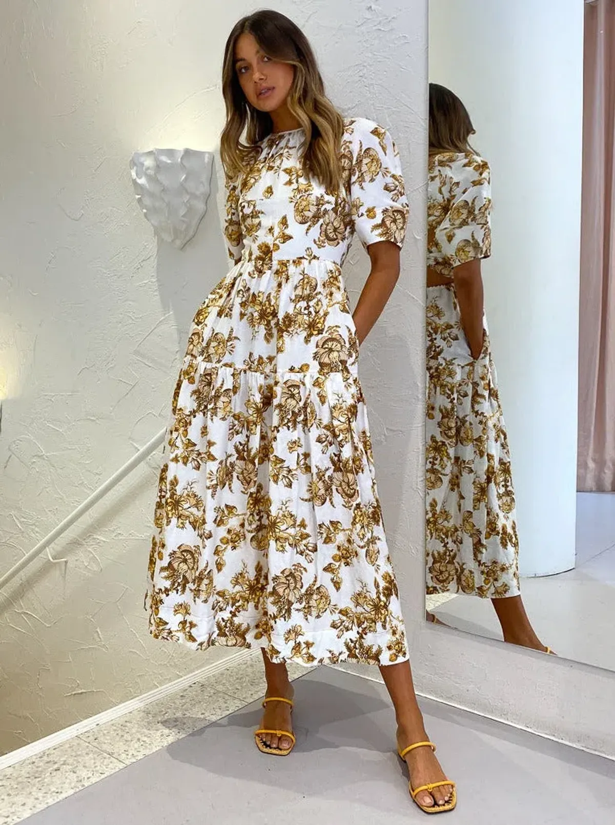 Shona Joy Bella Linen Short Sleeve Midi Dress Floral Size 8 / S - Image 4