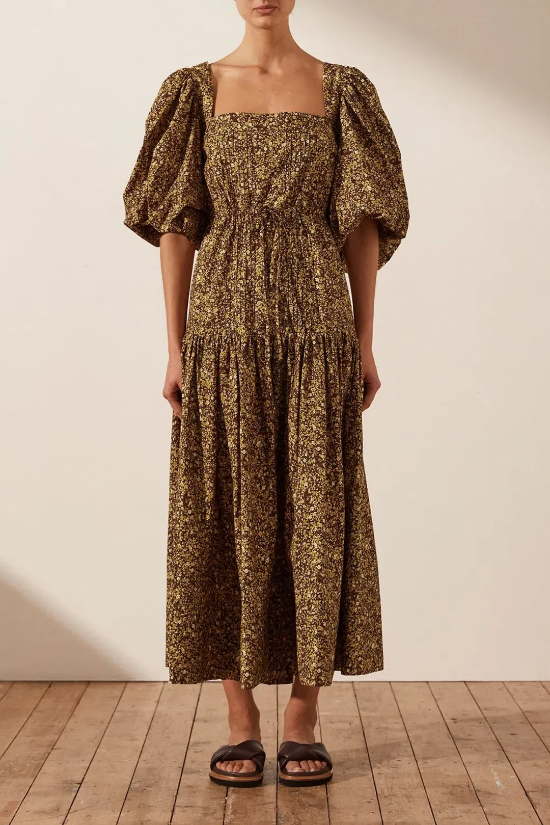 Shona Joy Lilou Pin Tuck Cross Back Midi Dress Floral Size 8 / S for rent on The Volte - main image