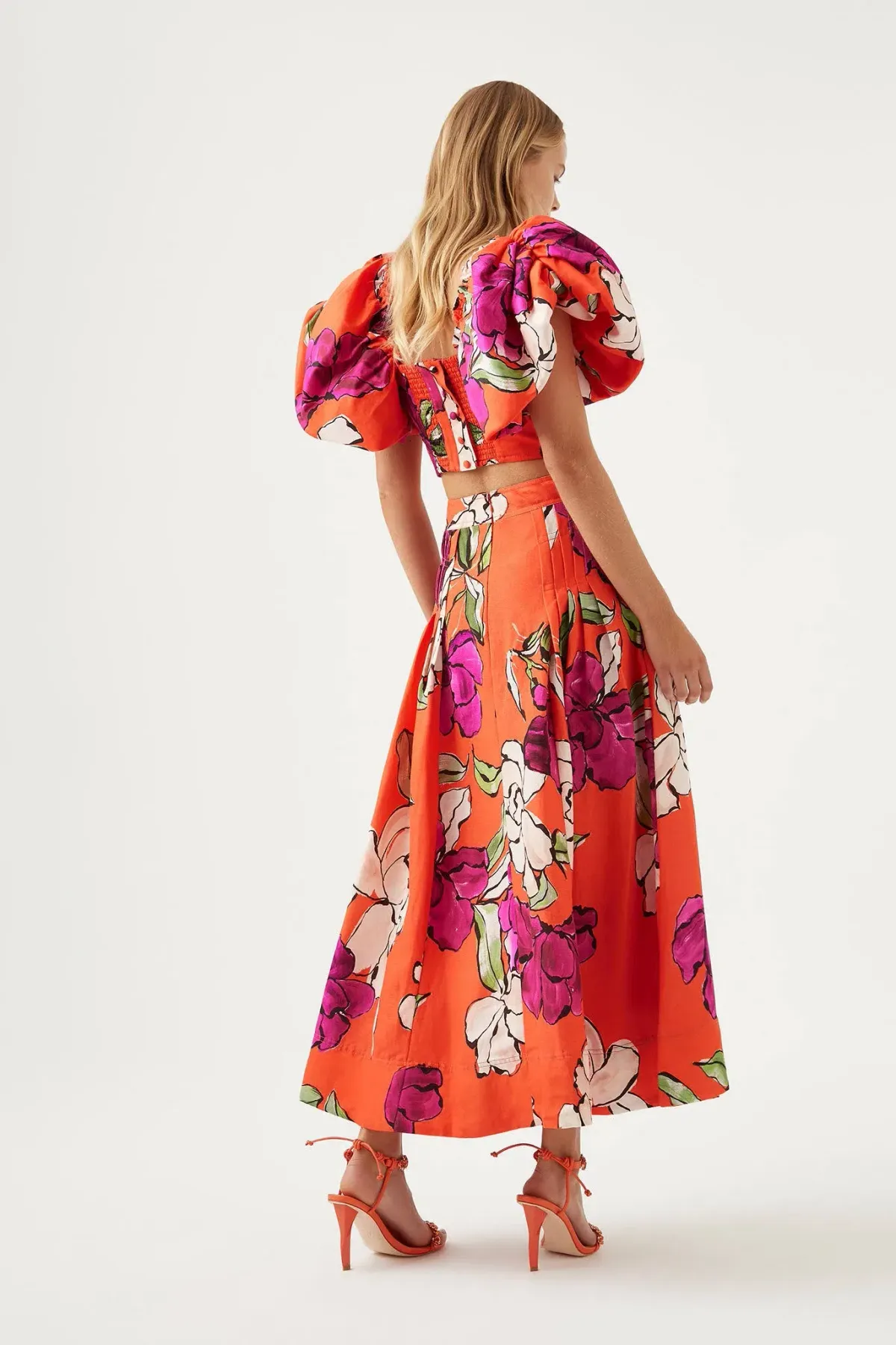 Aje Marcel Puff Sleeve Bodice & Lewis Tuck Detail Midi Skirt Set Floral Size 12 / L - Image 3