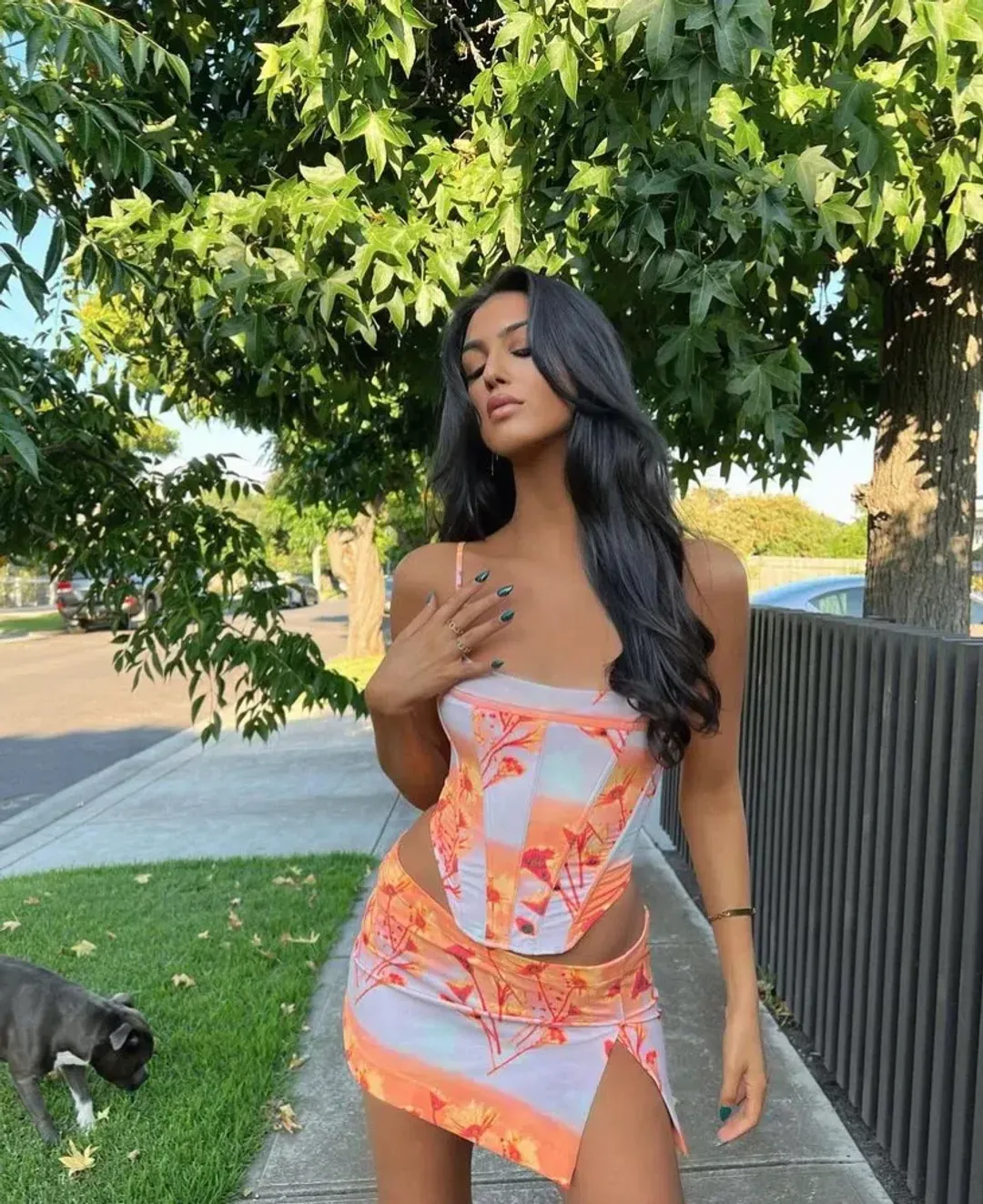 Miaou Venus Corset and Micro Mini Skirt Sunrise Set Orange Size L for rent on The Volte - main image