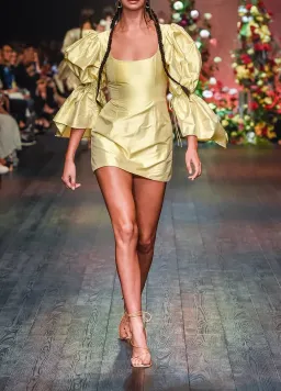 Van Der Kooij Neve Volume Sleeve Micro Mini Dress Yellow Size 1 / Au 8 for rent on The Volte - image 1