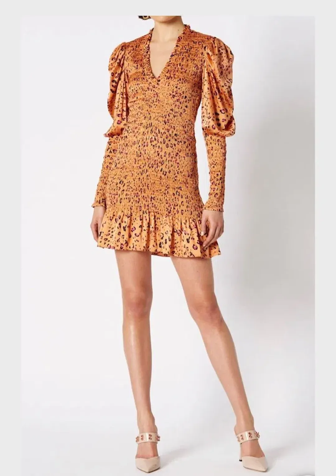 Scanlan Theodore Silk Leopard Shirred Mini Dress Orange Size 10 for rent on The Volte - main image