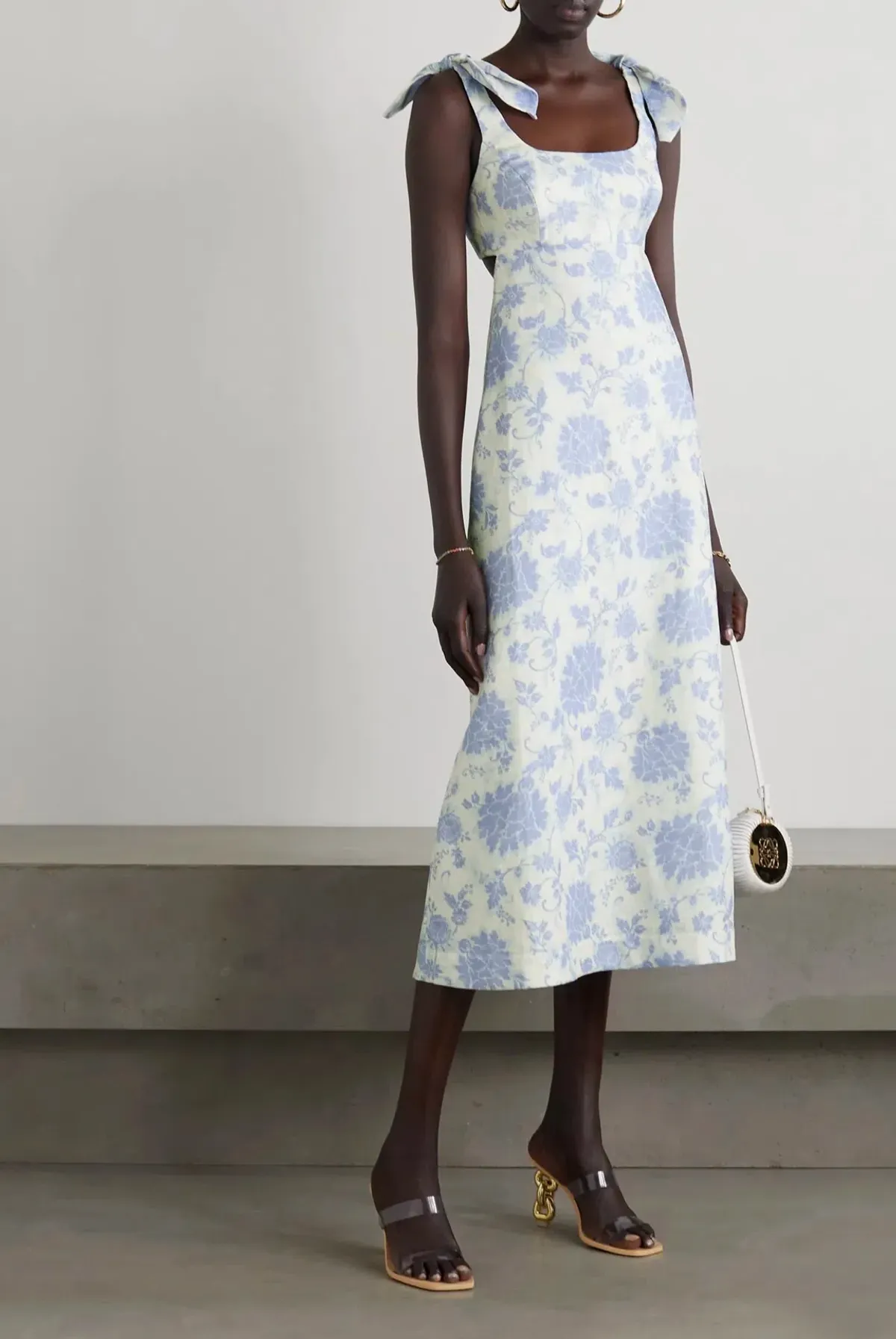 Zimmermann Postcard Tie Shoulder Midi Dress Blue Tonal Floral Size 1 / Au 10 for rent on The Volte - main image