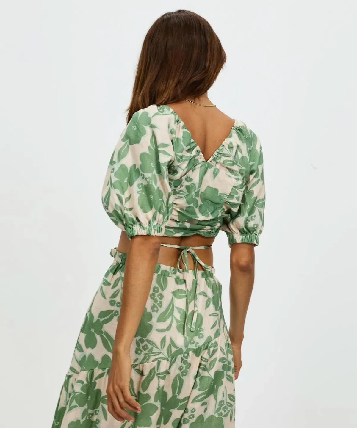 Aere Gathering Detail Linen Top & Maxi Skirt Set Floral Ivy Size 8/10 - Image 3