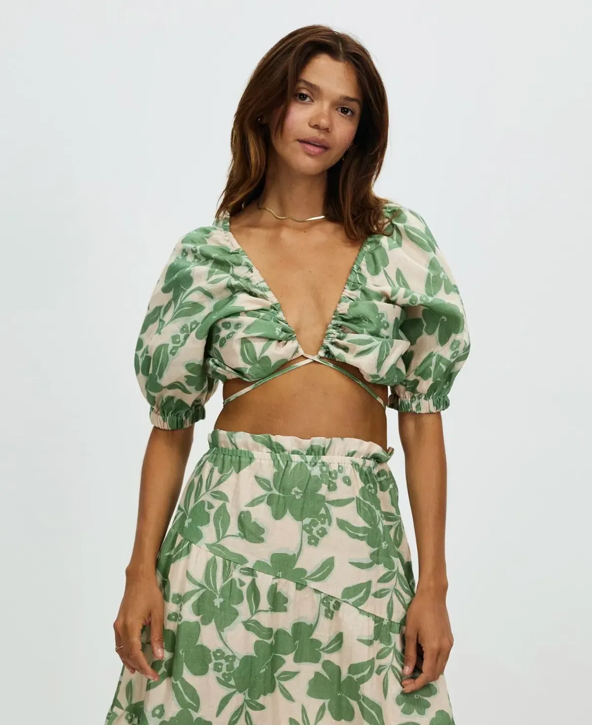 Aere Gathering Detail Linen Top & Maxi Skirt Set Floral Ivy Size 8/10 - Image 2