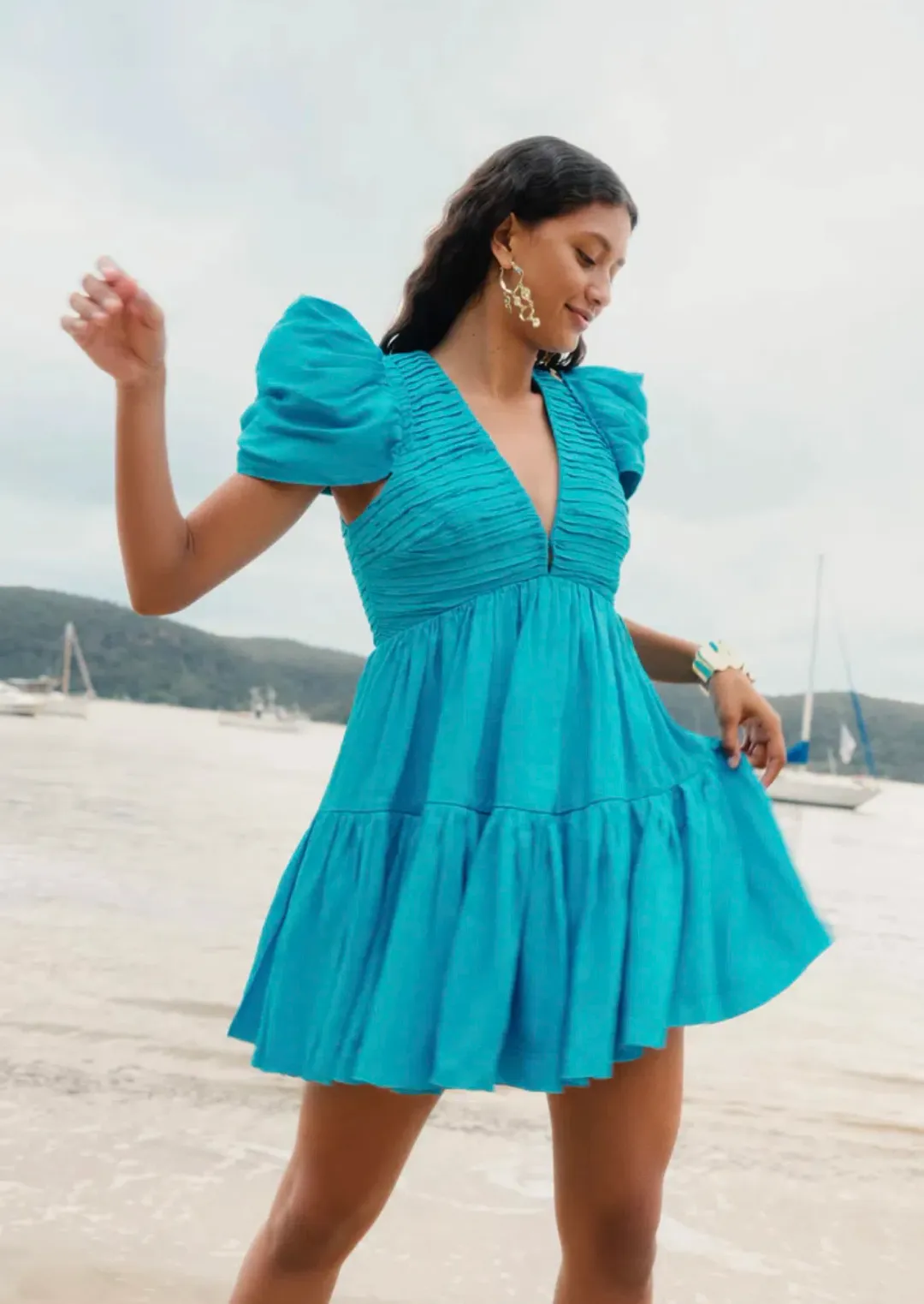 Aje Severine Tiered Mini Dress Sky Blue Size 10 for rent on The Volte - main image