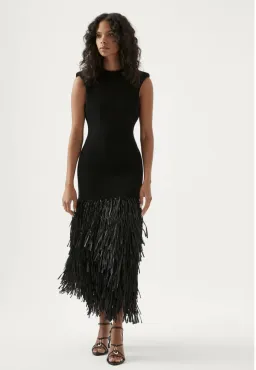 Aje Rushes Raffia Knit Midi Dress Black Size 10 for rent on The Volte - image 1