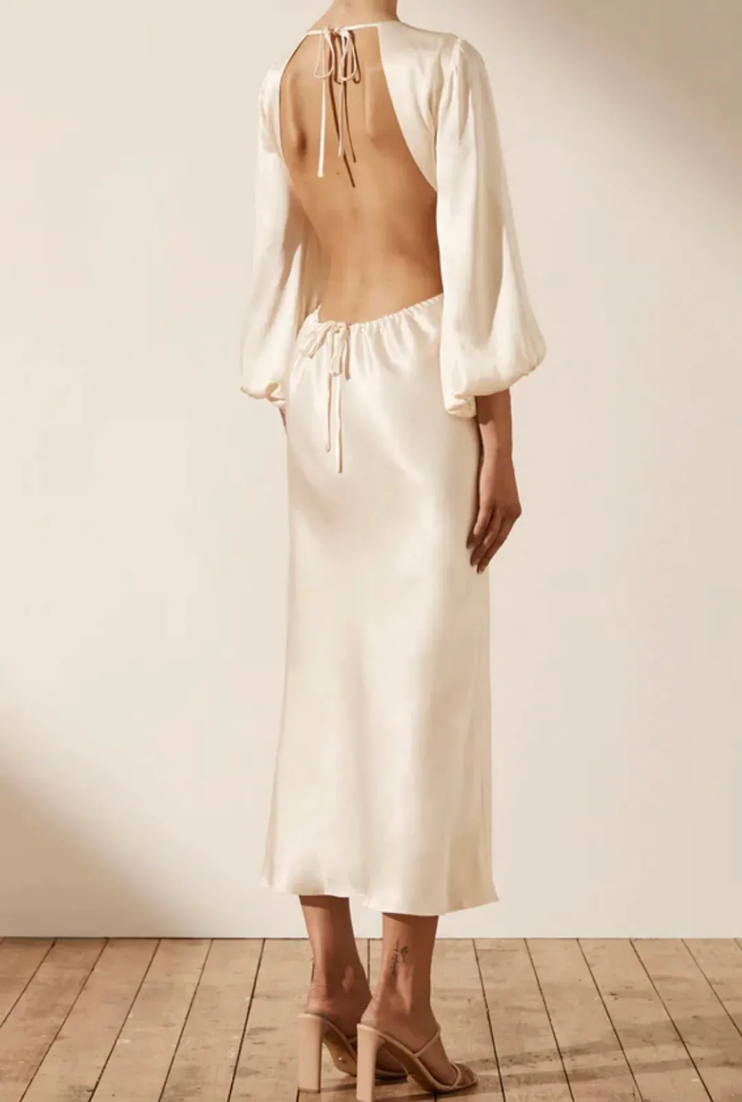 Shona Joy La Lune Open Back Balloon Sleeve Midi Dress in Cream Size 6 for rent on The Volte - main image