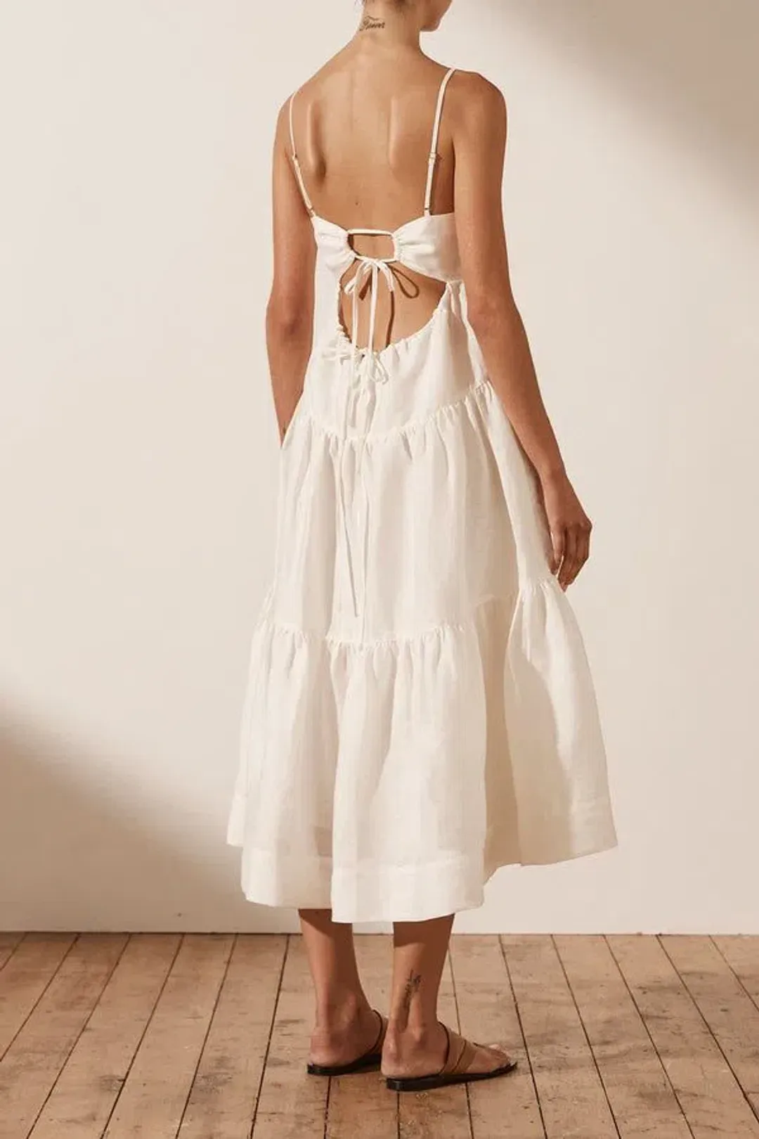 Shona Joy Maya Linen Pin Tuck Open Back Tiered Midi Dress White Size AU 8 for rent on The Volte - main image