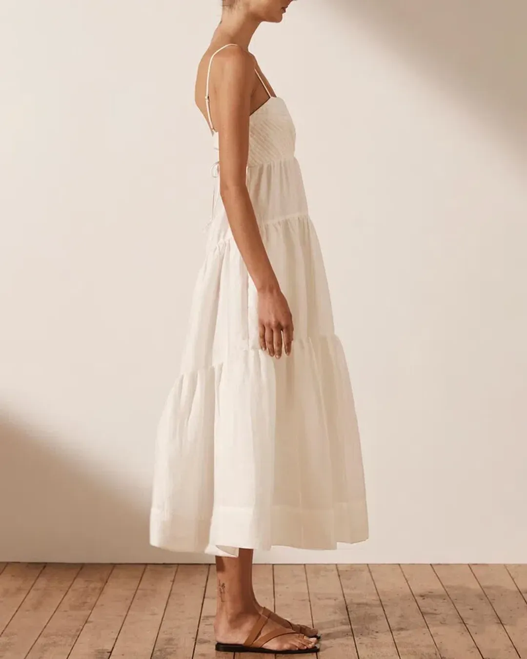Shona Joy Maya Linen Pin Tuck Open Back Tiered Midi Dress White Size AU 8 for rent on The Volte - main image