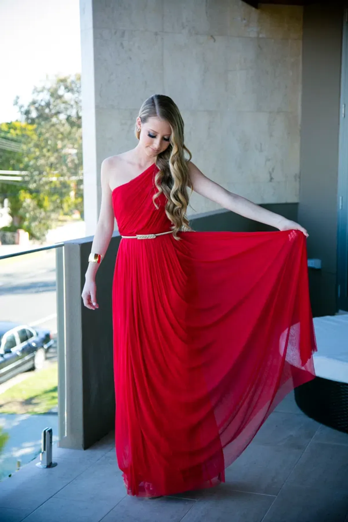 Lisa Ho One Shoulder Silk Tulle Gown Red Size 8 - Image 1