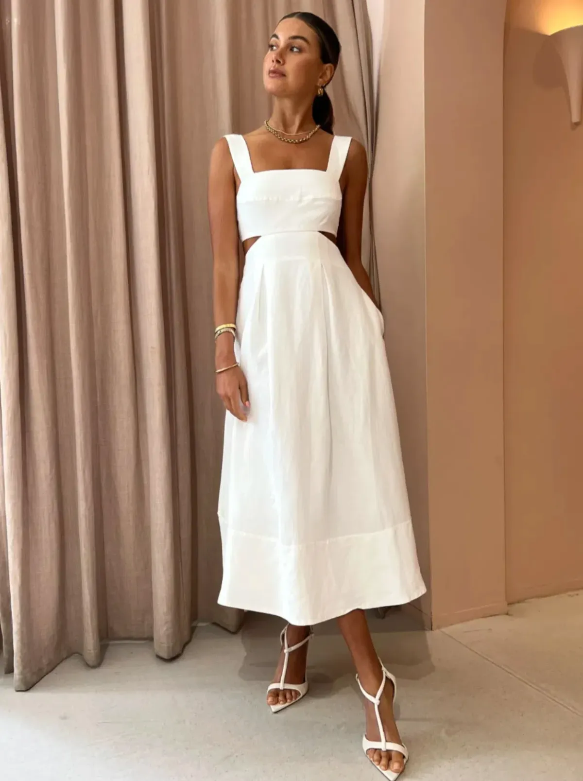 Shona Joy Morgan Linen Cut Out Midi Dress in Ivory Size 10 / M - Image 1