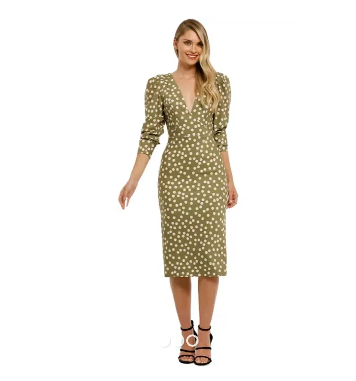 By Johnny Peach Polka V Plunge Midi Dress Print Size 6 - Image 2