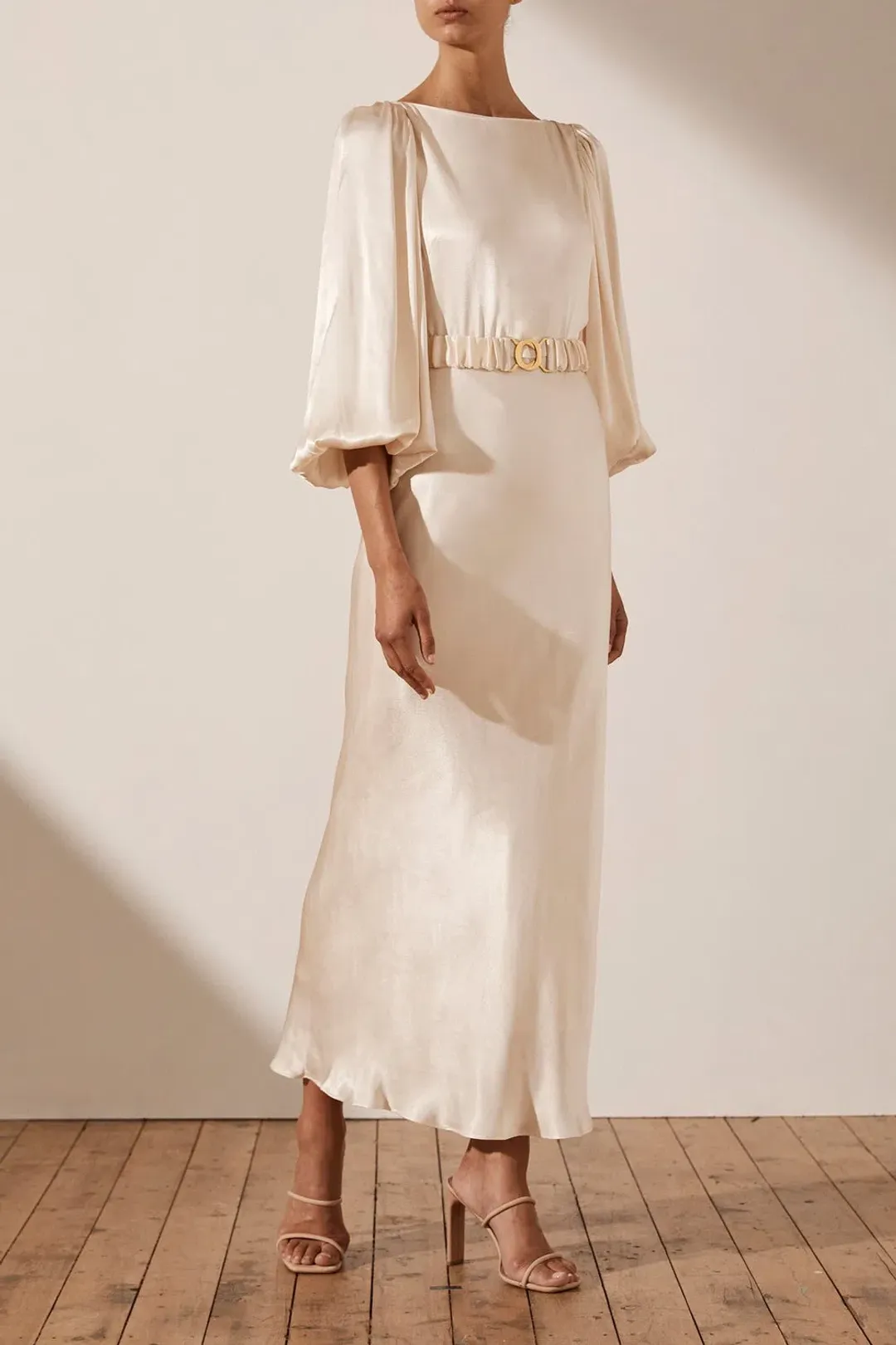Shona Joy La Lune Balloon Sleeve Midi Dress with Belt in Cream Size 12 / L for rent on The Volte - main image