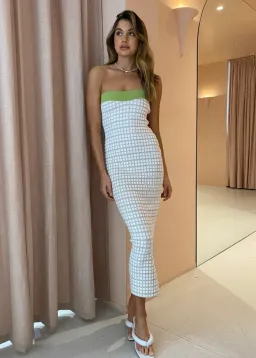 By Johnny Isabella Check Strapless Knit Midi Dress in Pistachio Size 6 / XS for rent on The Volte - image 1