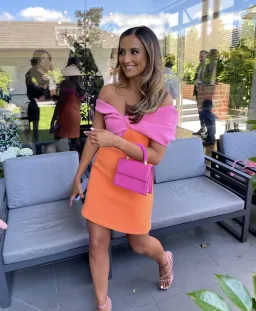 Rachel Gilbert Matteo Off Shoulder Mini Dress Orange/Pink Size 1 / AU 8 for rent on The Volte - image 4