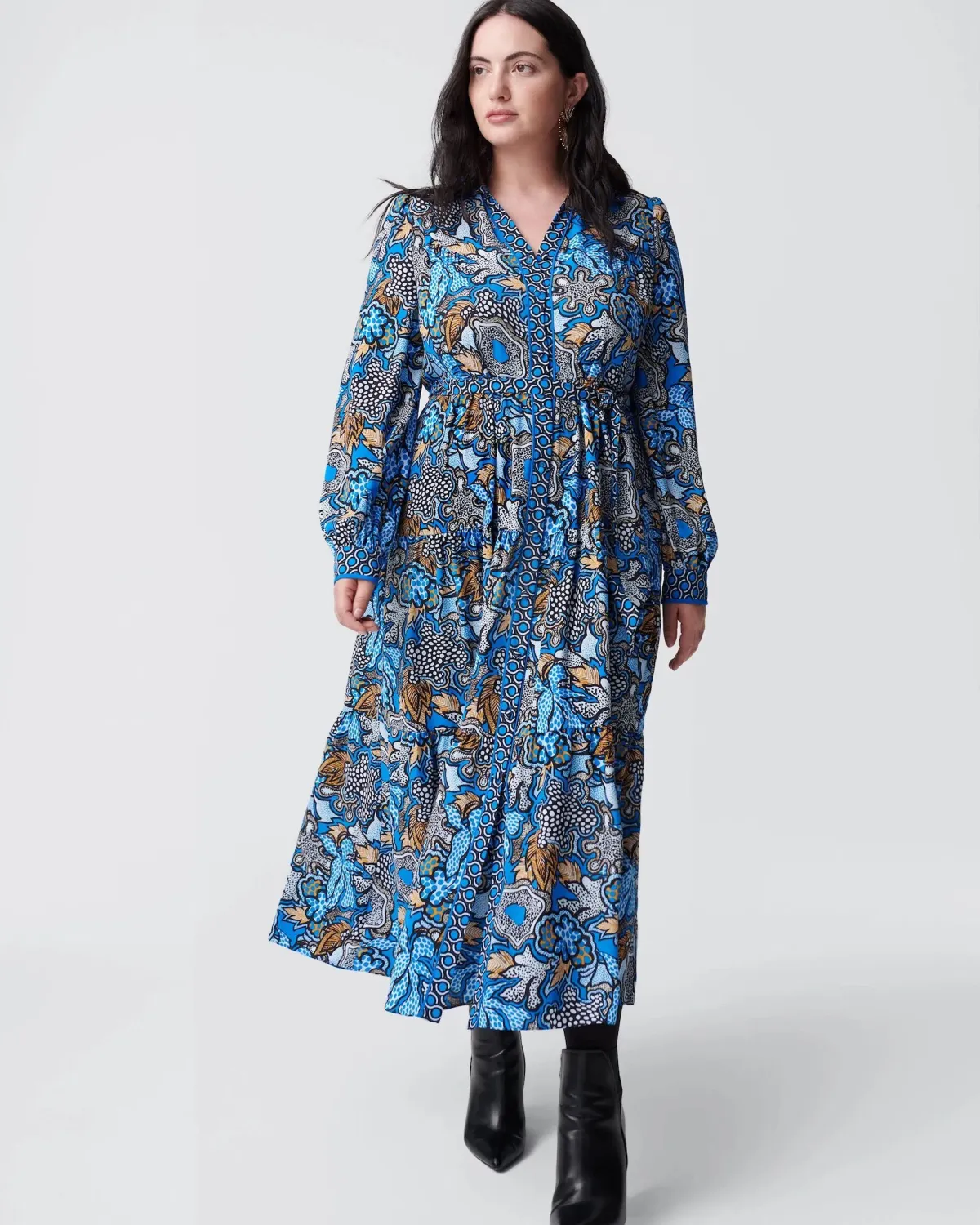 Diane Von Furstenberg Alea Midi Shirt Dress in Floral Patch Blue Dot Geo Size AU 14 - Image 1