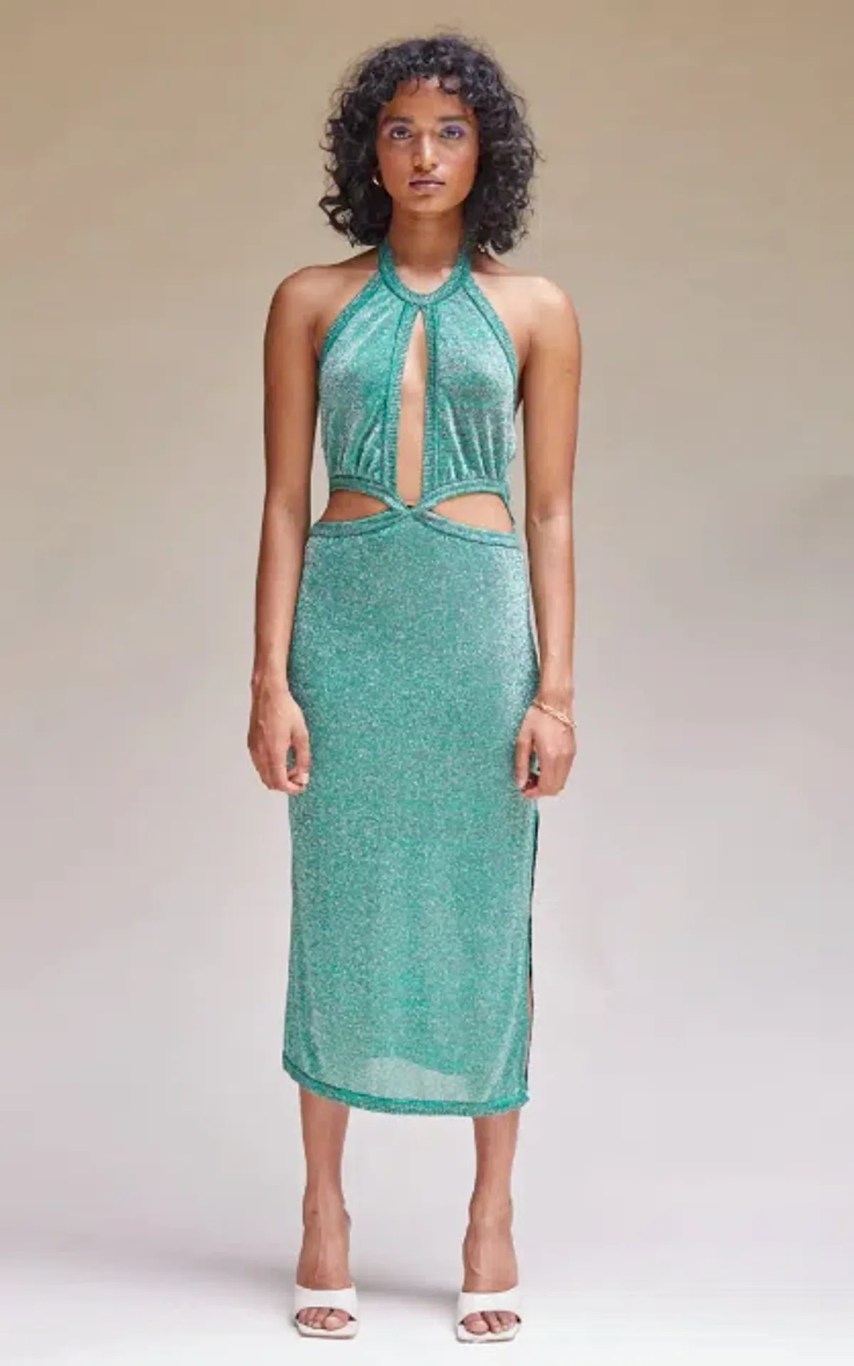 Suboo Aylish Halter Midi Dress in Green Metallic Size 6 for rent on The Volte - main image