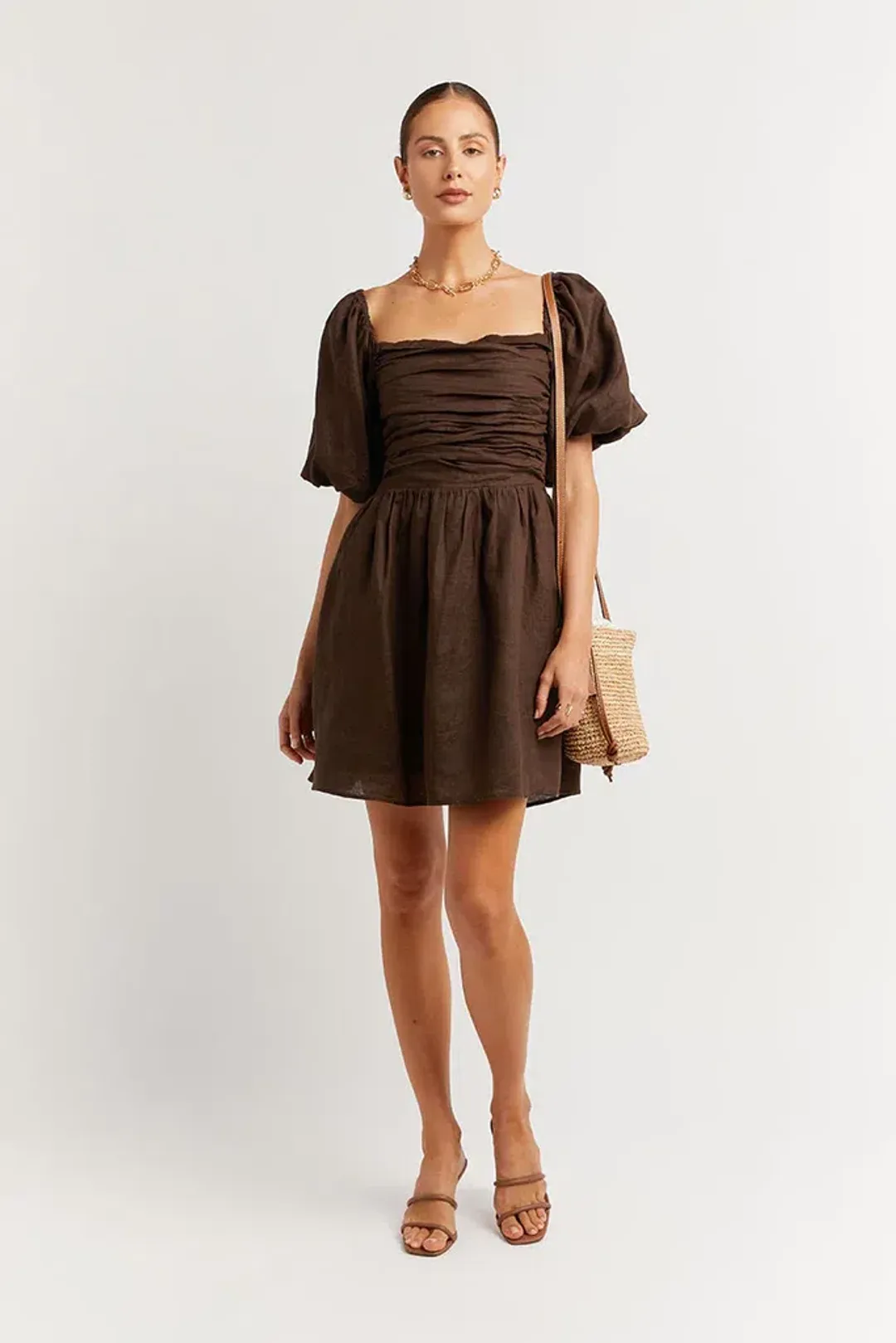 Dissh Sara Linen Mini Dress Dark Chocolate Size 16 for rent on The Volte - main image